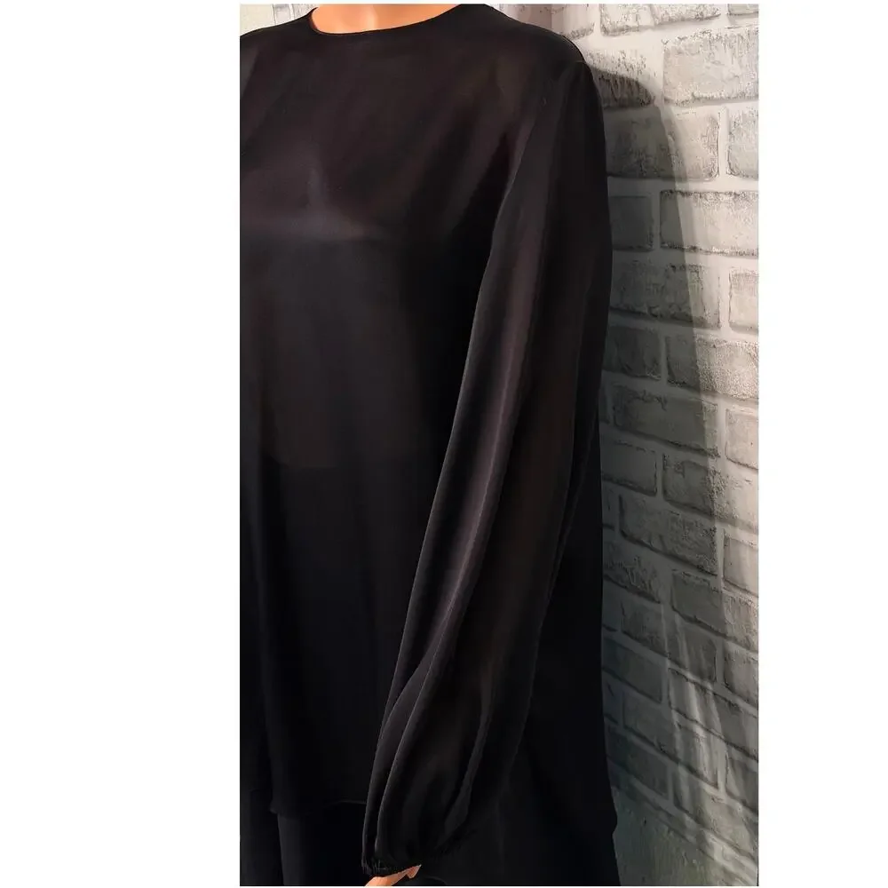 The Row Silk Sheer Tunic Top XS Black Open Back w/ Ties Bishop Sleeves Hi-Low